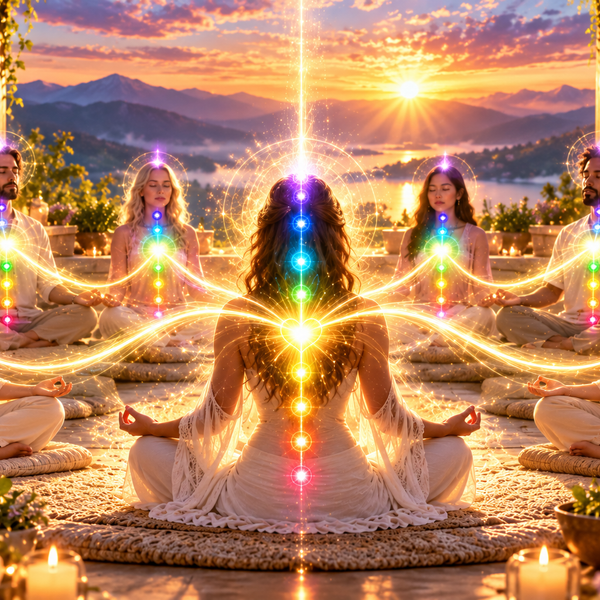 Group healing circle with candles